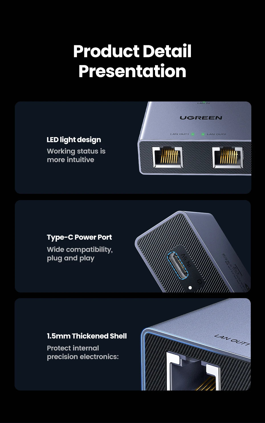 1000Mbps RJ45 Ethernet Splitter 1 to 2 Port Adapter