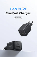 20W GaN Dual-Port USB-C and USB-A Fast Wall Charger