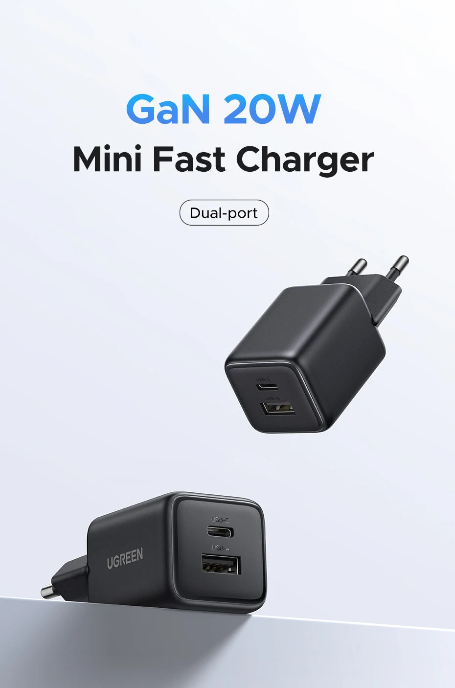 20W GaN Dual-Port USB-C and USB-A Fast Wall Charger