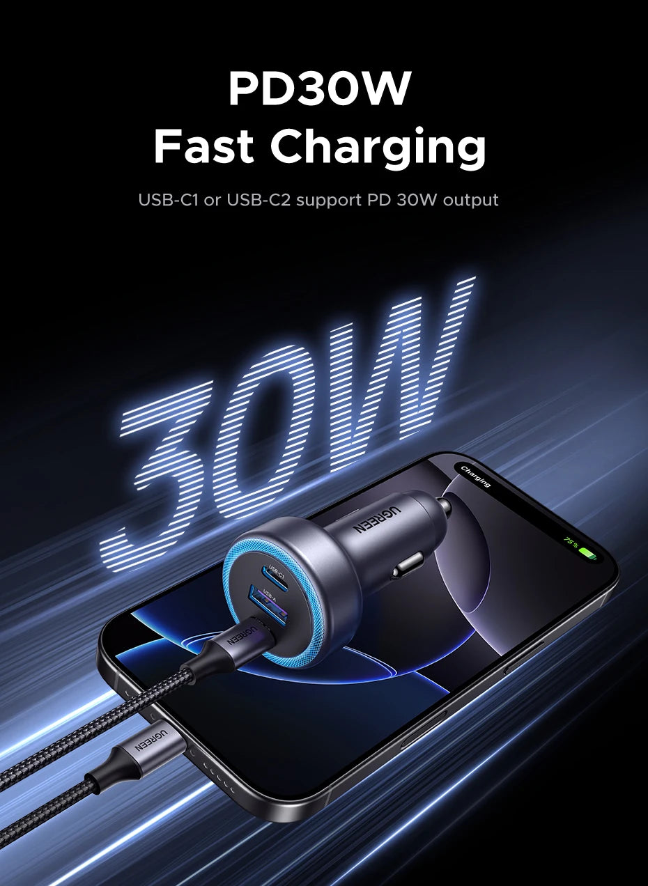 30W USB-C Fast Car Charger with Dual Ports