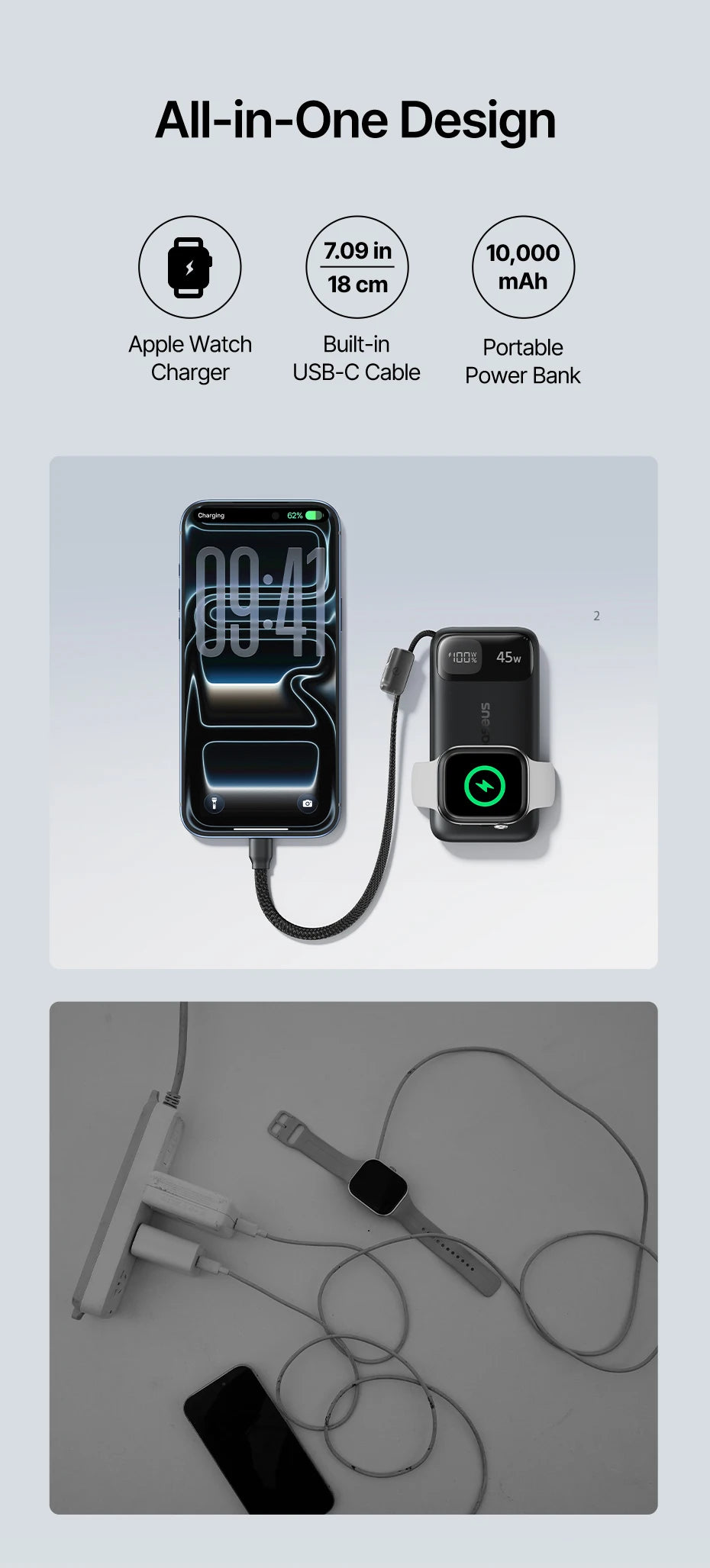 45W 10000mAh Portable Power Bank with Integrated Watch Charger - 15