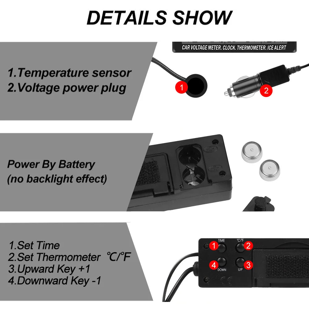 3 in 1 Car Digital Clock Thermometer and Battery Voltage Voltmeter