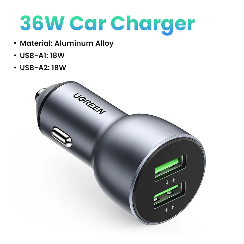 36W Dual Port USB-C PD Fast Car Charger
