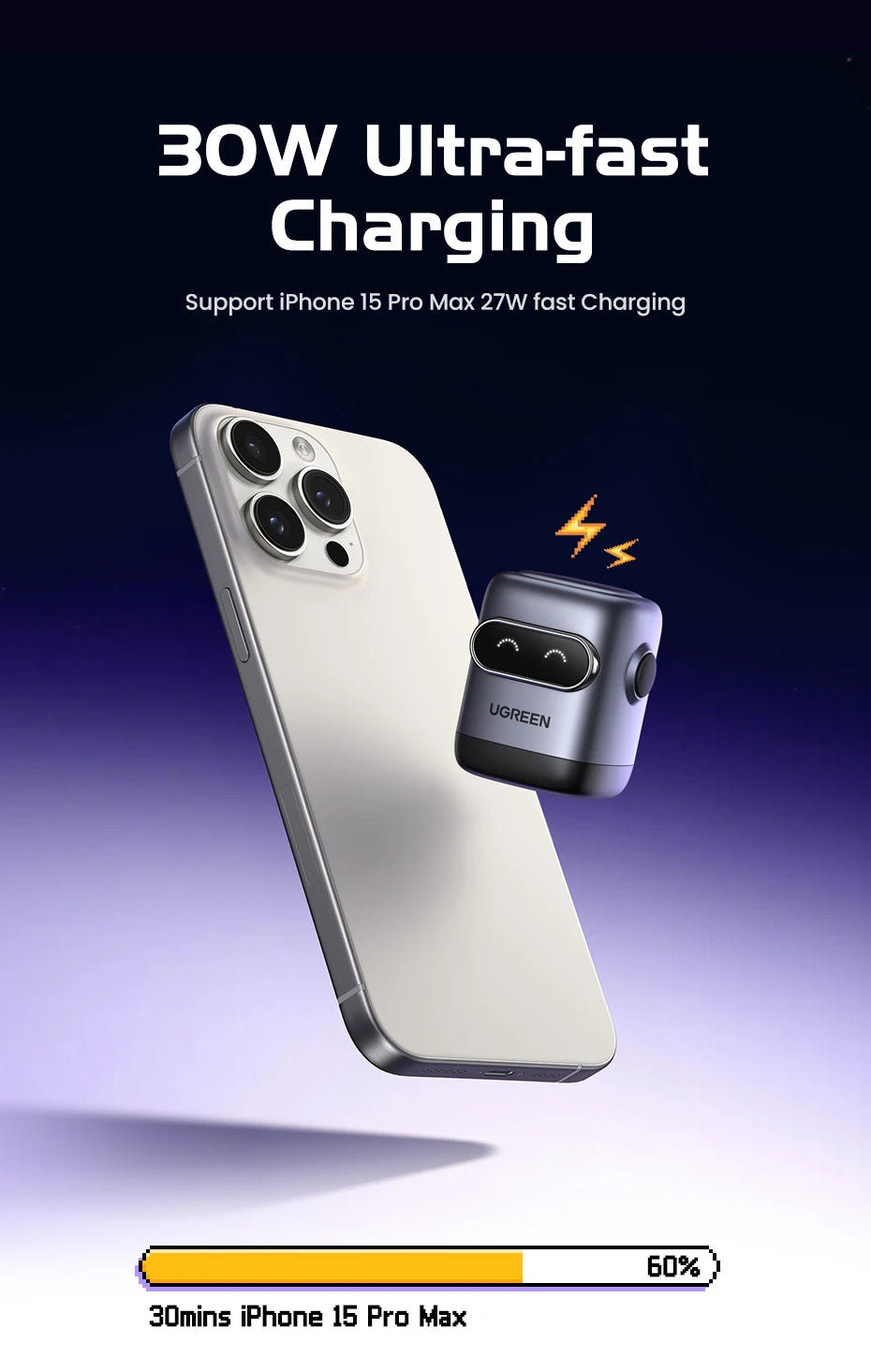 30W GaN USB-C Robot Fast Charger for Smartphones and Tablets