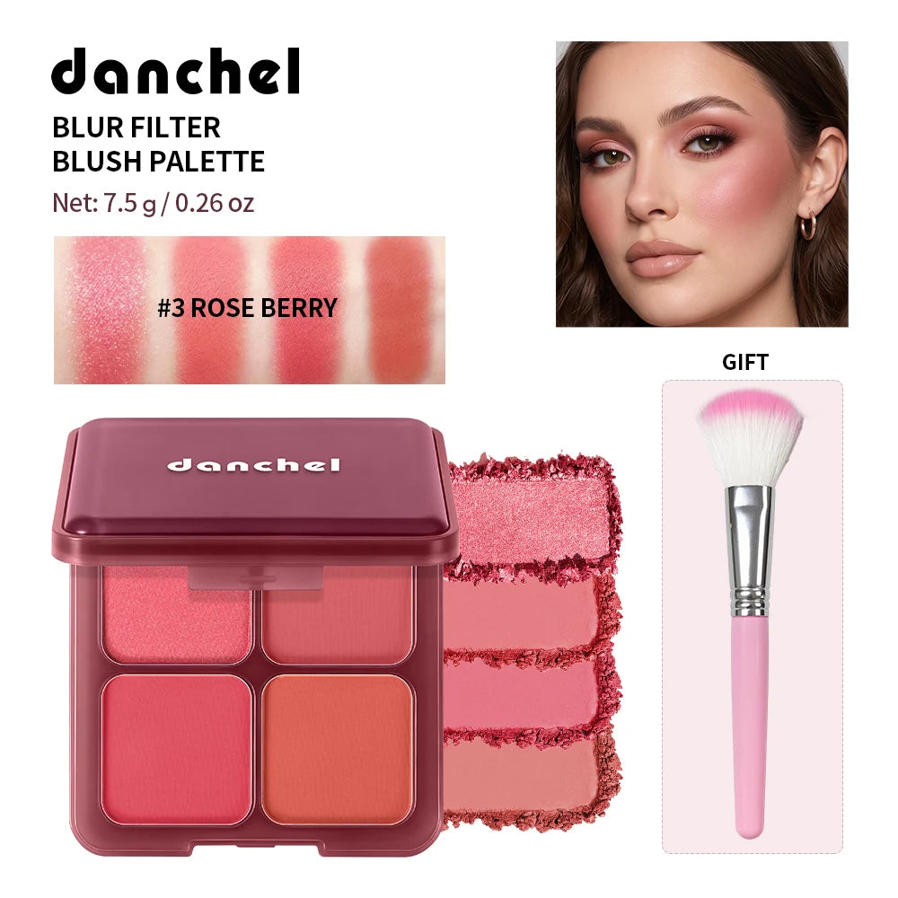 4-Color Matte Blush Palette with Makeup Brush