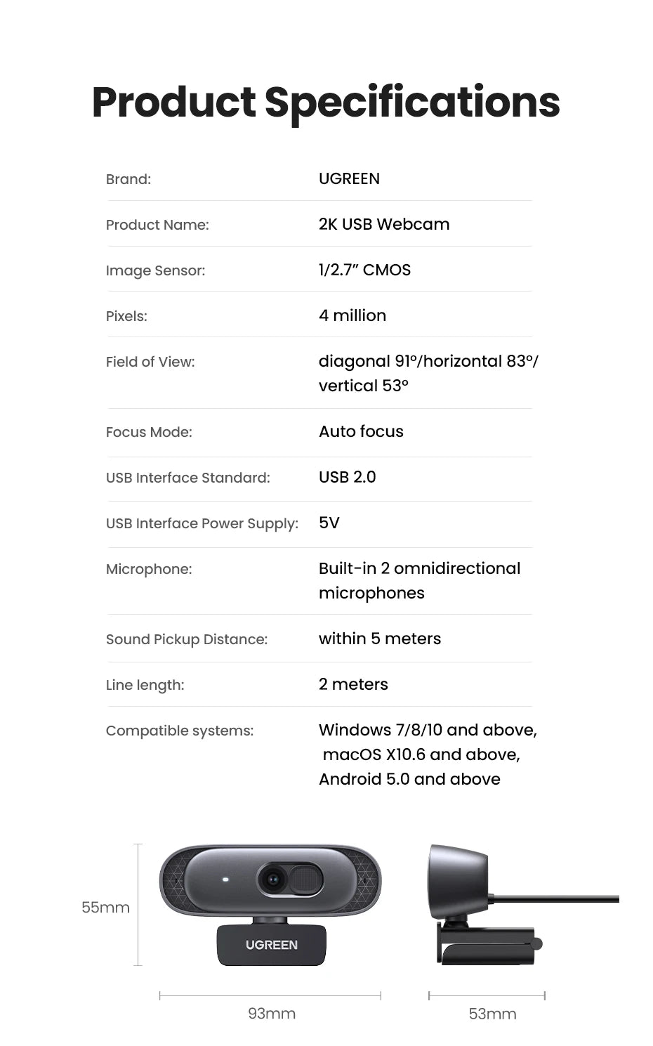 2K Ultra HD USB Webcam with Dual Microphones for Video Calls