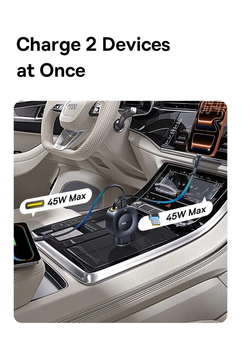45W Dual USB-C Fast Car Charger with Retractable Cable - 13