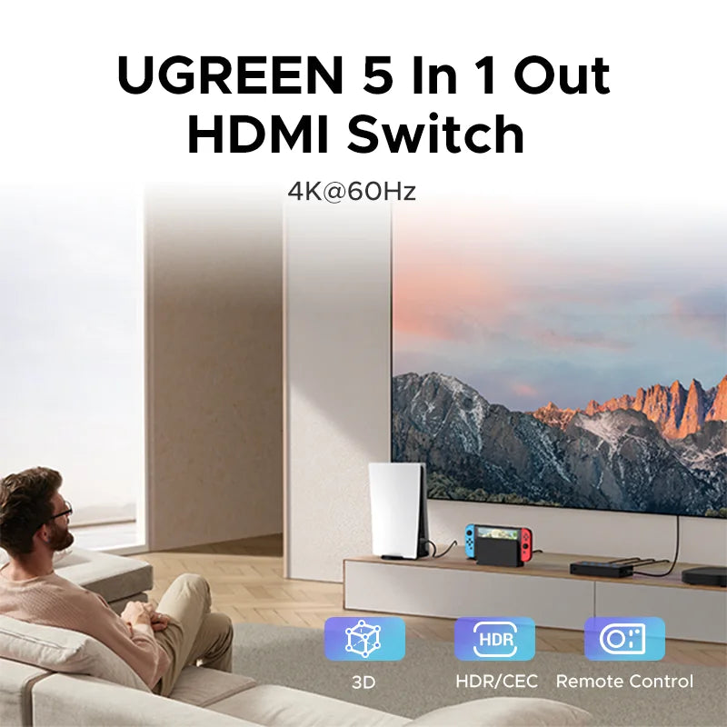 5-Port 4K 60Hz HDMI Switcher with Remote Control