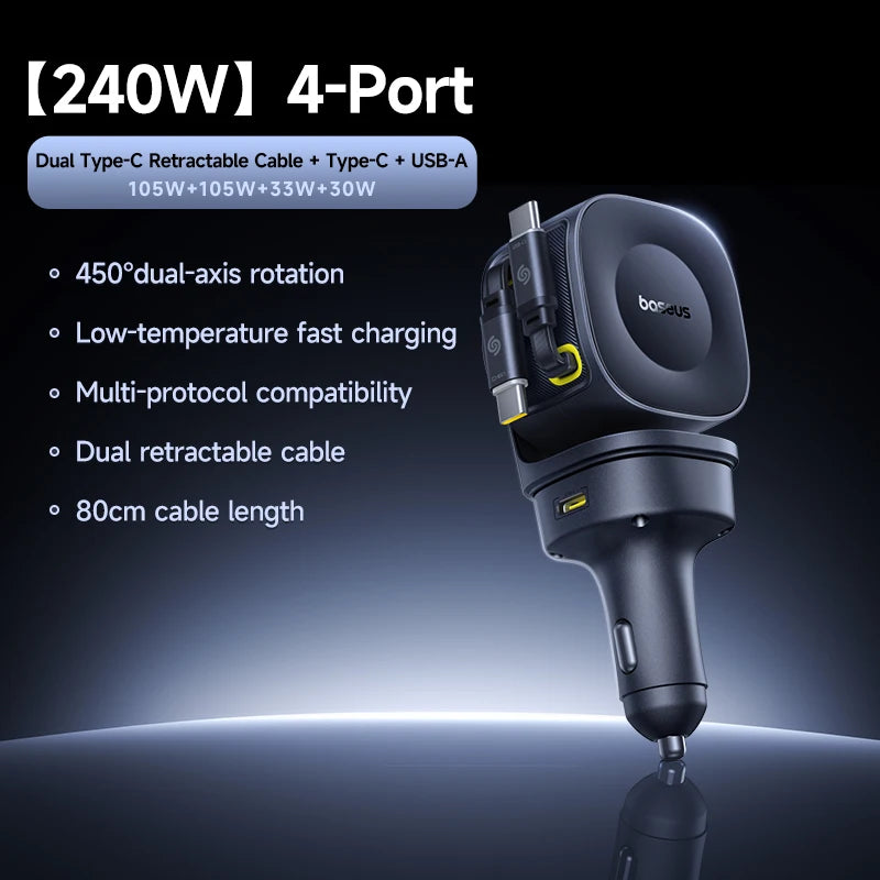 4-Port Fast Car Charger with Retractable Cables