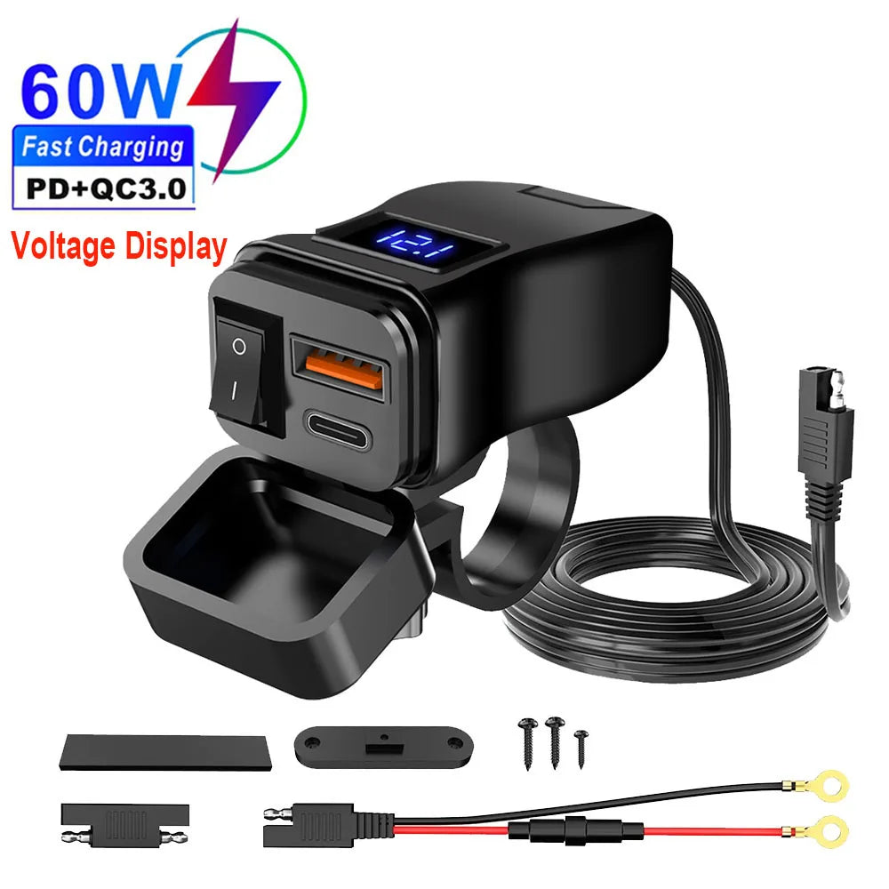 Motorcycle 100W Bidirectional USB Charger with Voltmeter and Switch