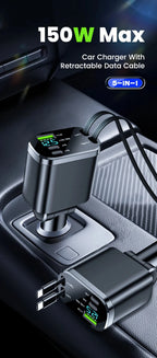 148W 7 in 1 Retractable Car Charger with Voltage Display and Starry Lamp