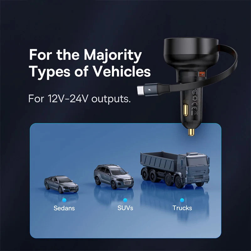 60W Fast Dual Port Car Charger with Retractable Cable
