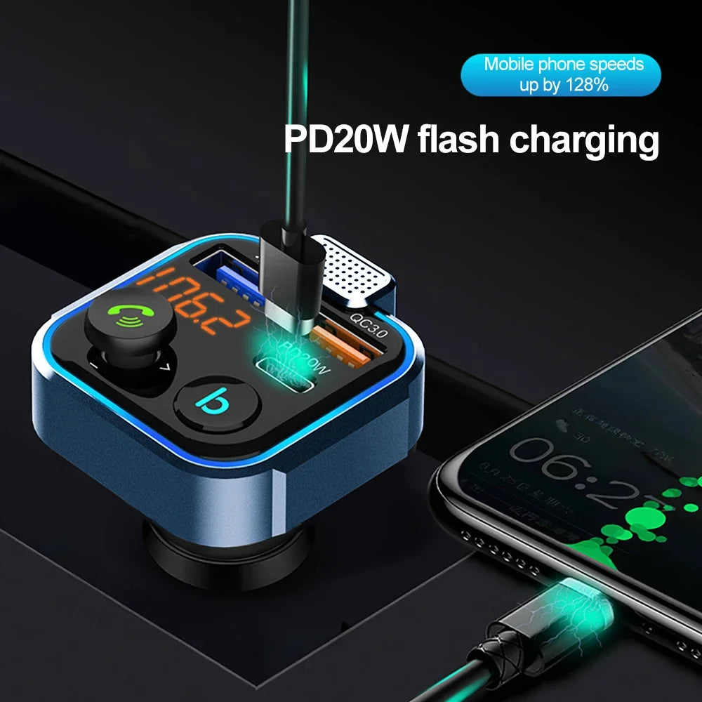 Bluetooth 5.0 FM Transmitter Car Adapter with 38W PD and QC3.0 Charger