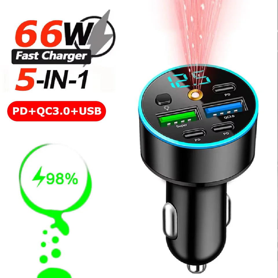 66W 5 Port Car Charger with 3 PD and 2 USB Ports and Starry Sky Lamp