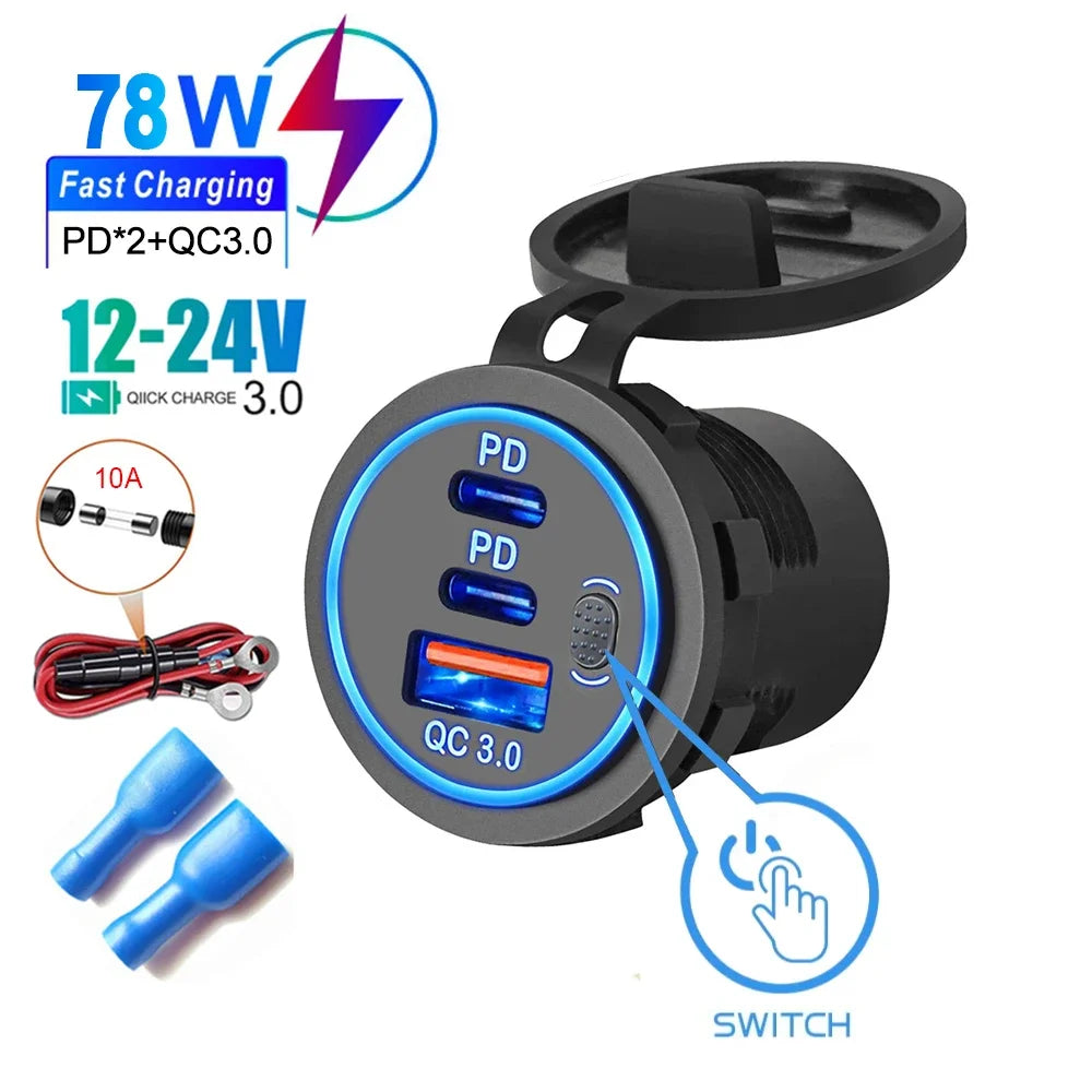 78W Triple Port USB-C Fast Car Charger Socket - 21