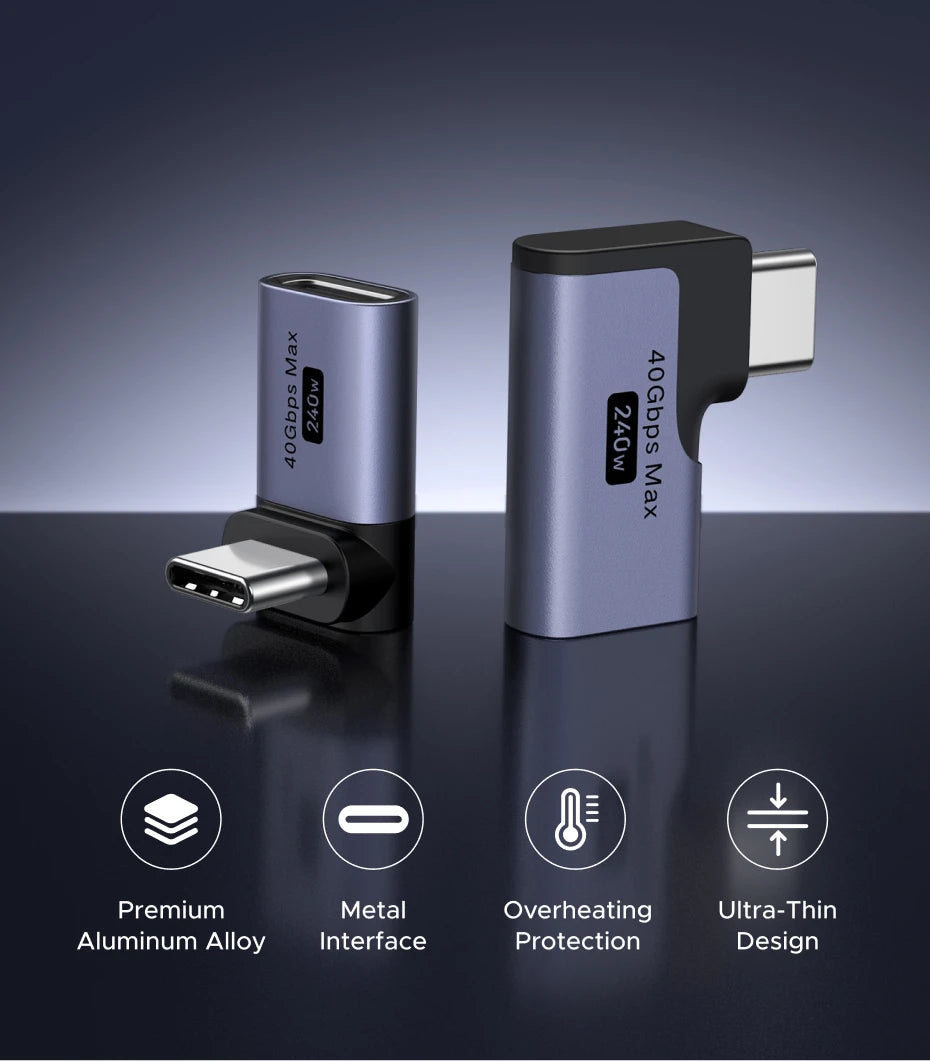 90-Degree USB-C Male to Female Adapter 240W 40Gbps