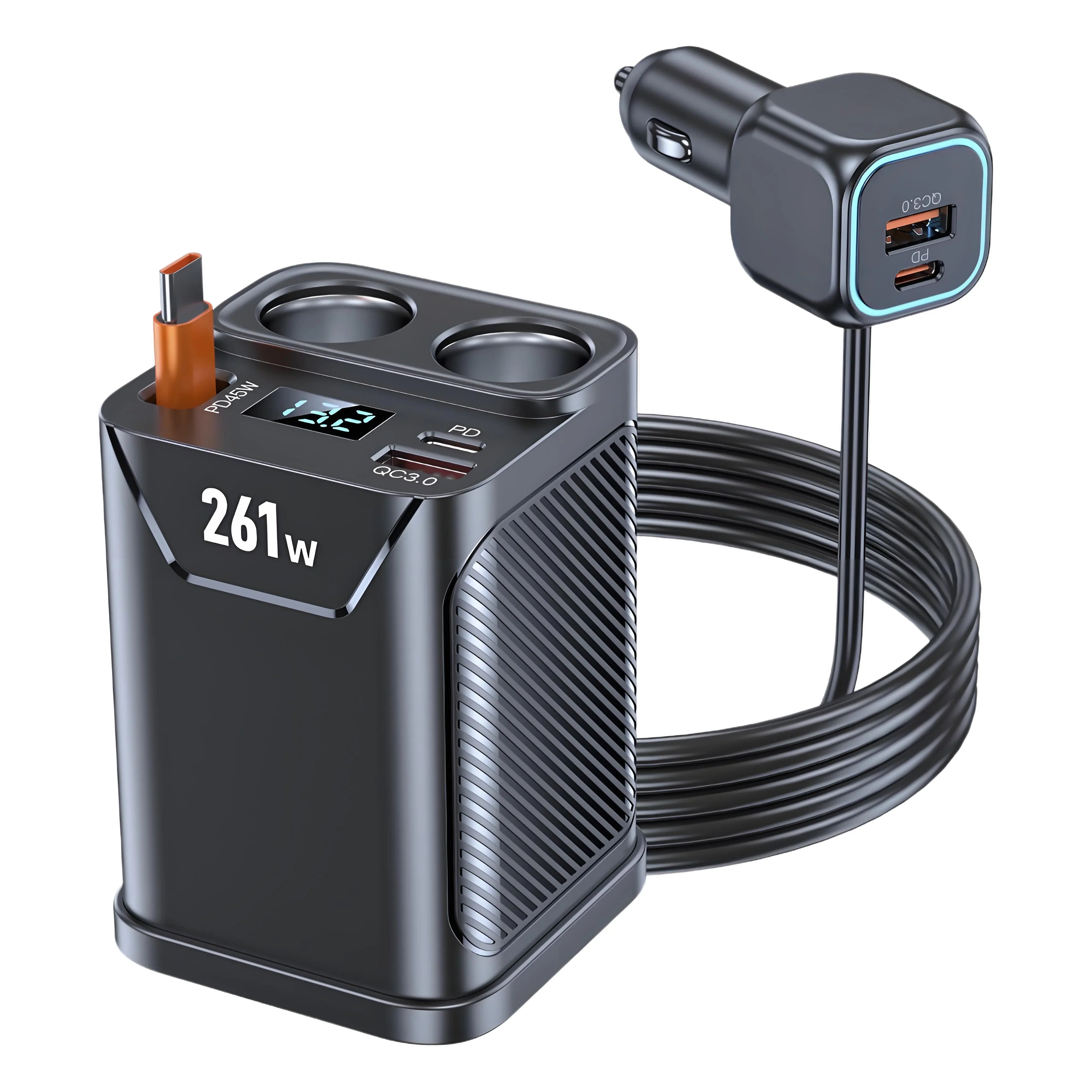 228W 9 Port Car Cigarette Lighter Splitter with Retractable PD Cable
