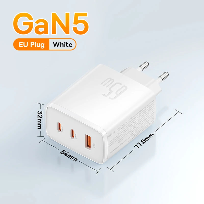 65W GaN Fast USB-C Wall Charger for Laptops and Smartphones