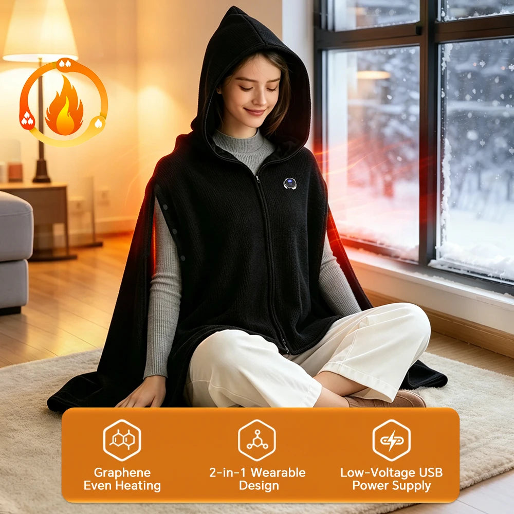 Wearable USB Graphene Heated Hooded Shawl