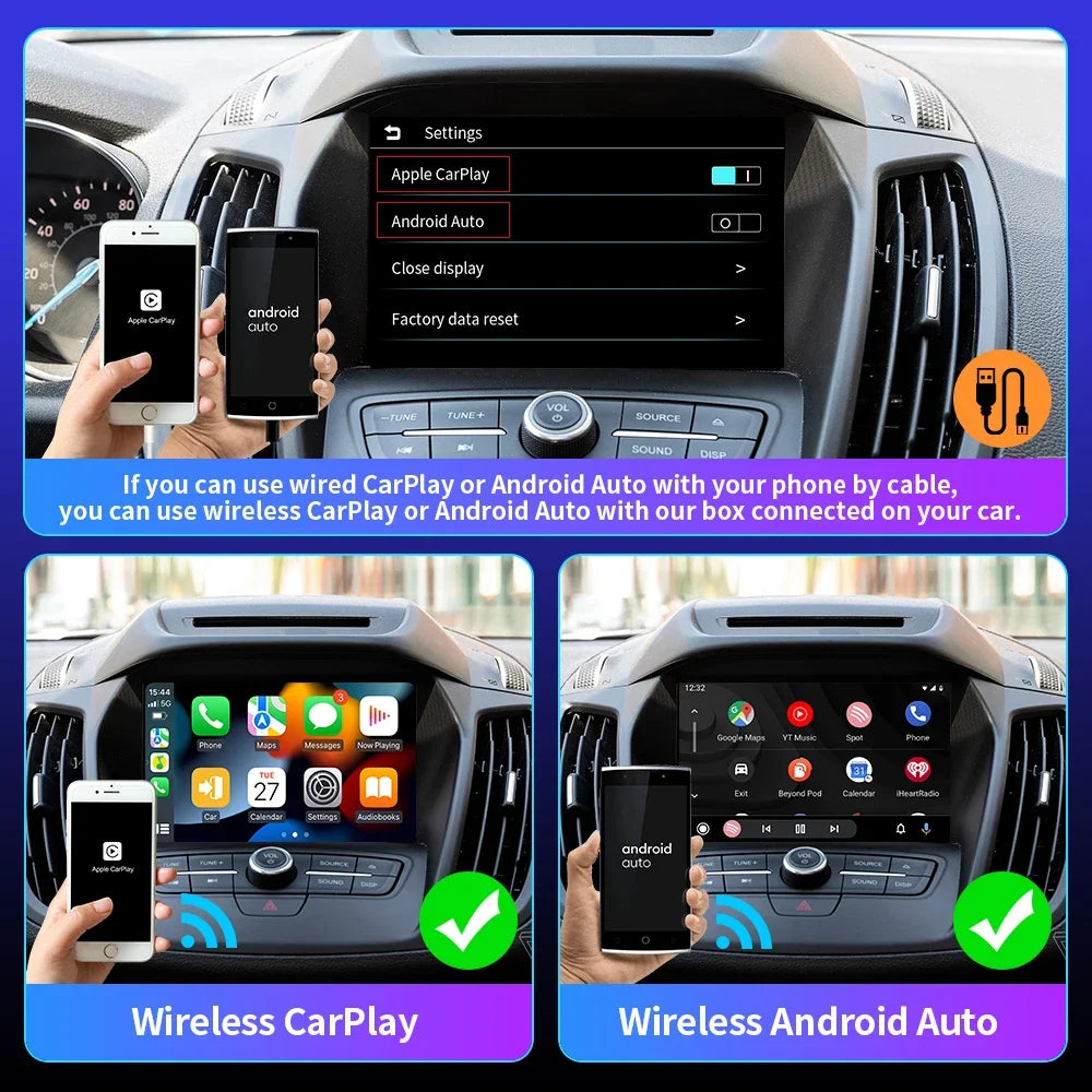Wireless CarPlay and Android Auto 2-in-1 Adapter for Wired Car Systems