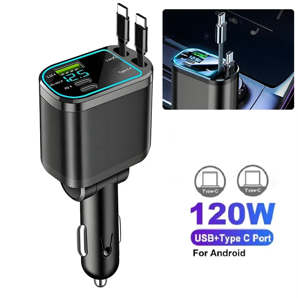 120W Retractable Fast Car Charger with Voltage Display