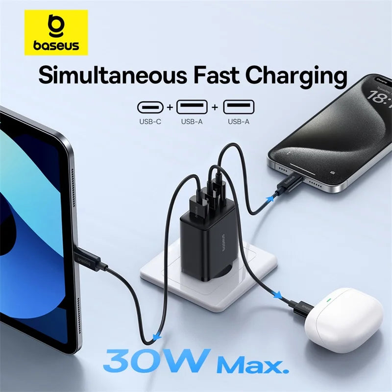30W Fast USB Wall Charger with Type-C and Dual USB Ports - 2