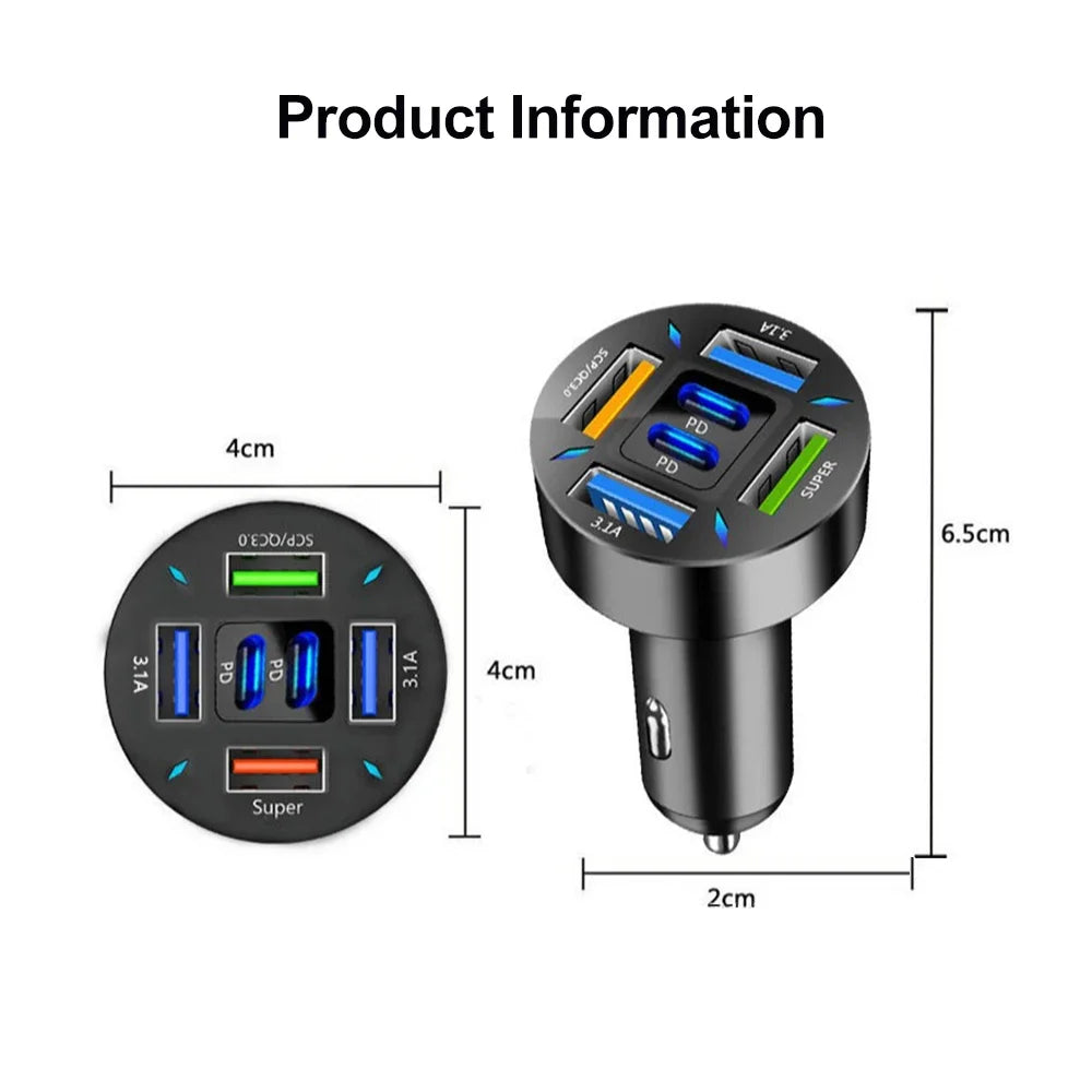 250W 6-Port Fast Car Charger with USB-C PD and QC3.0