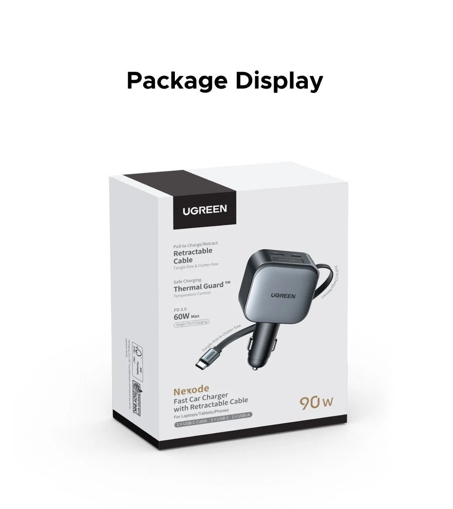 Fast-Charging Retractable USB-C Car Charger with Multiple Ports