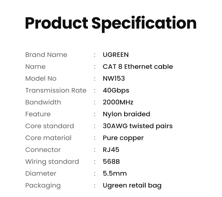 Cat8 Ethernet Cable 40Gbps High-Speed Internet Lan Cord