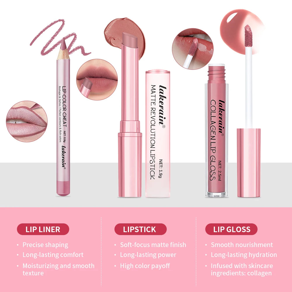 3-Piece Matte Lipstick and Lip Gloss Makeup Set - 6