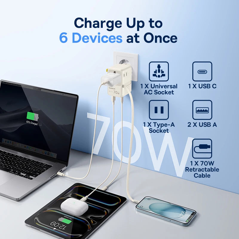 70W Universal GaN Travel Adapter with Fast Charging Ports - 6