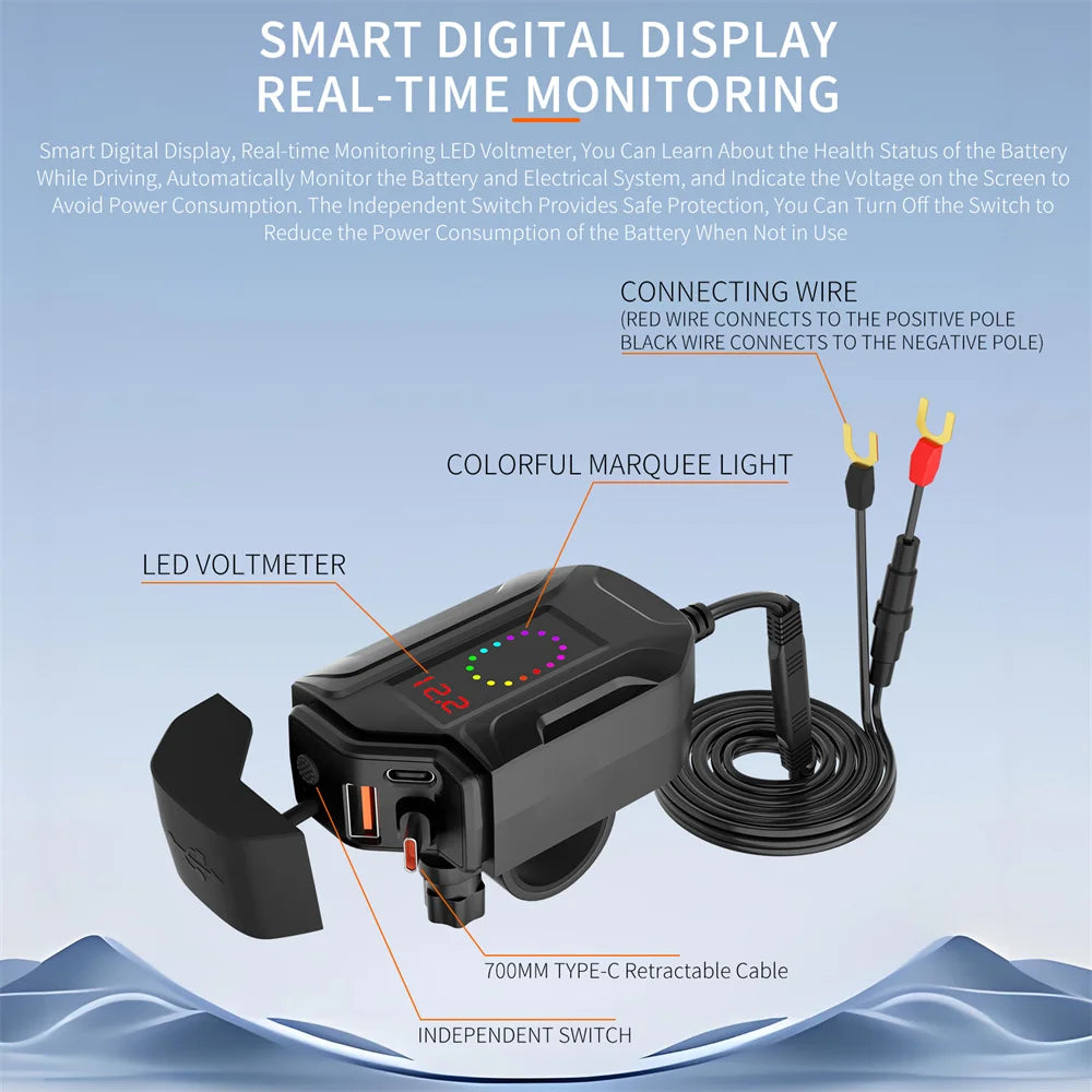 Motorcycle 100W Bidirectional USB Charger with Voltmeter and Switch