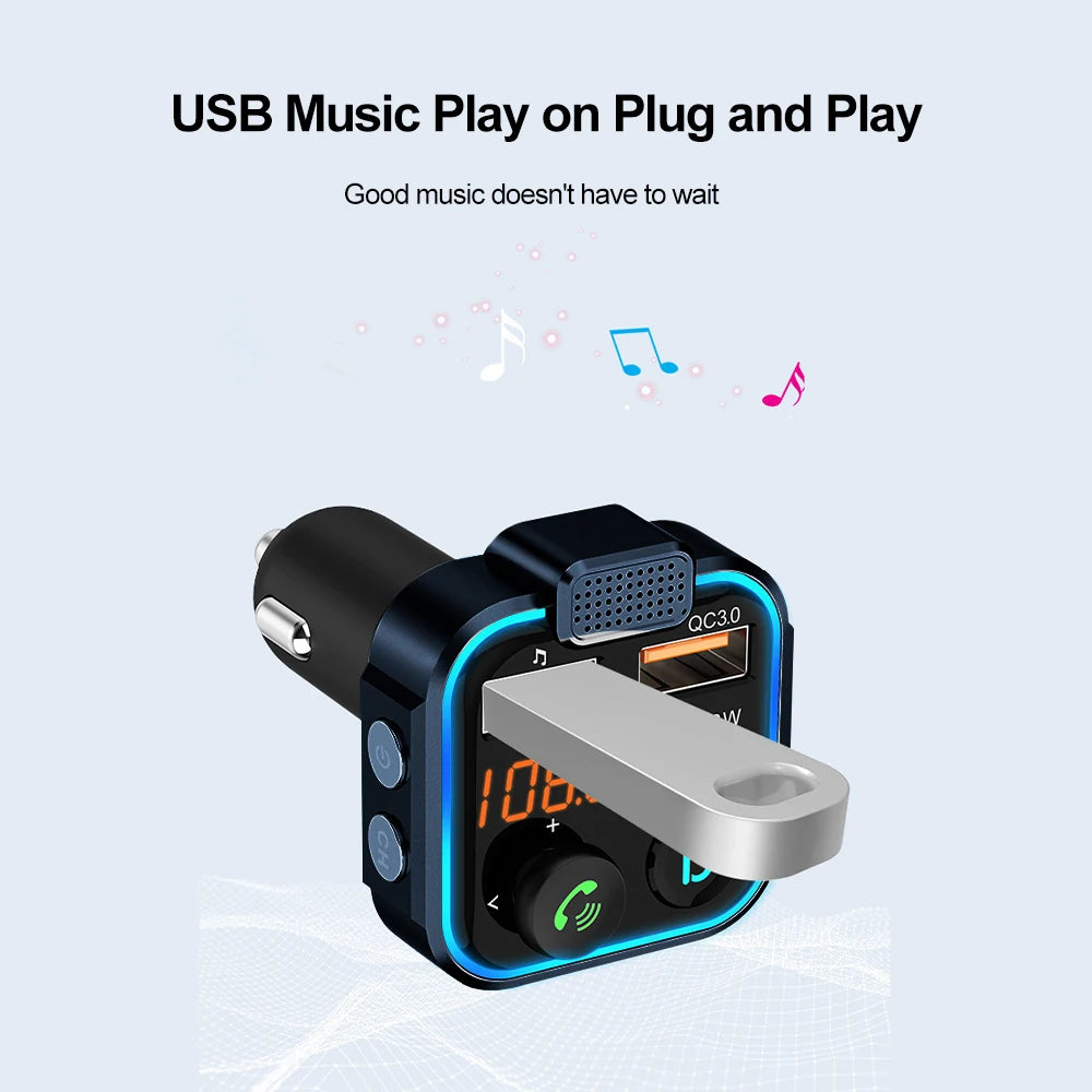 Bluetooth 5.0 FM Transmitter Car Adapter with 38W PD and QC3.0 Charger