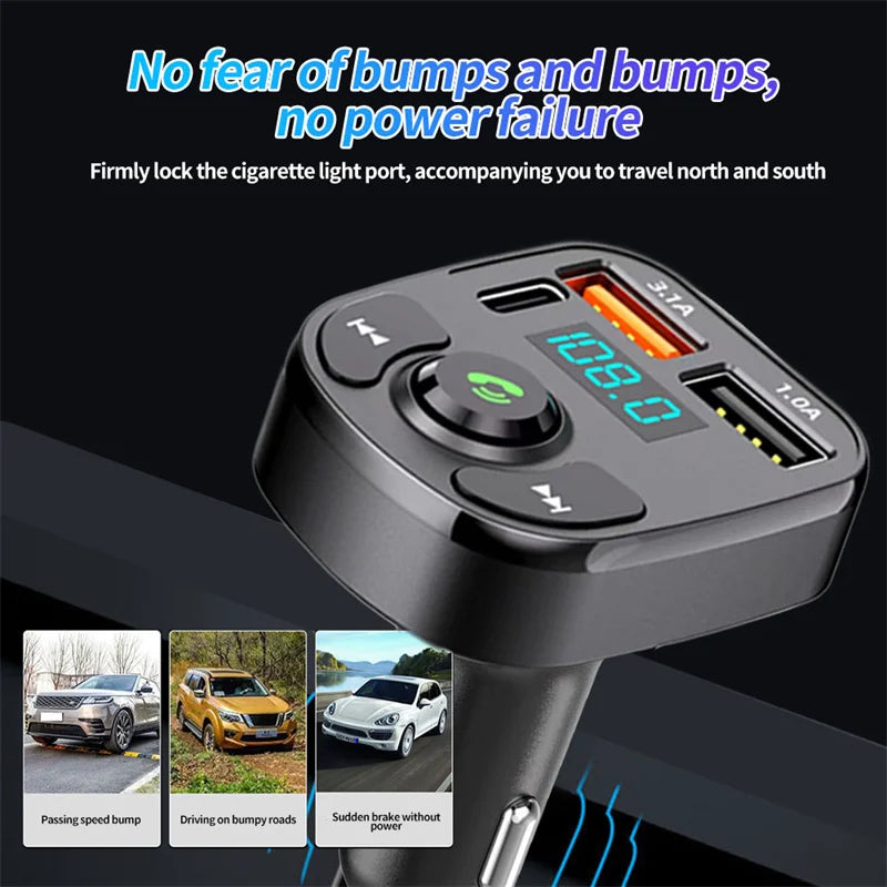Bluetooth 5.0 FM Transmitter Car Radio Kit with Type C and Dual USB