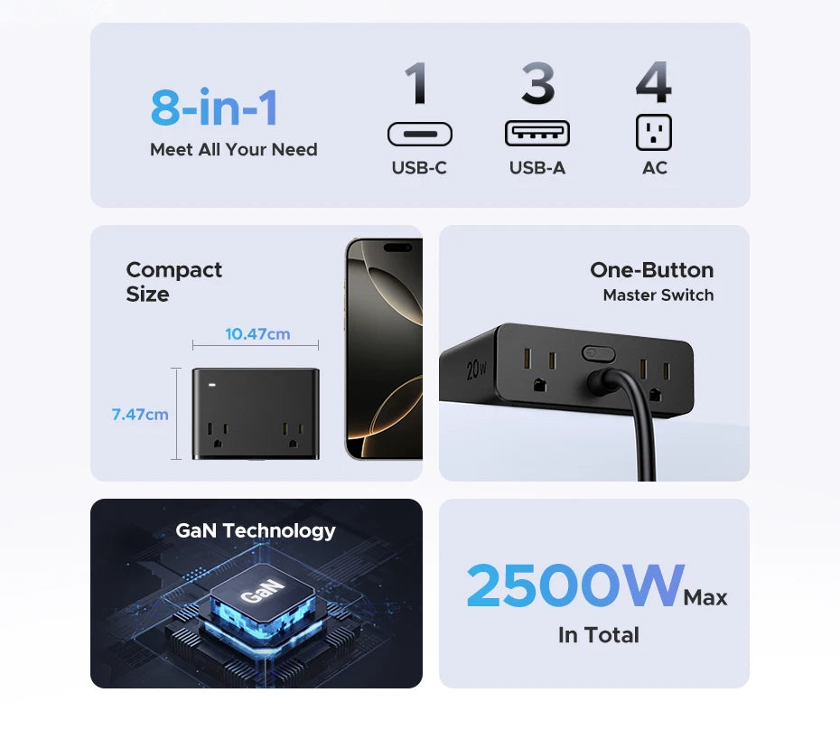 8-in-1 Compact Desktop Power Strip with USB-C Fast Charger - 8