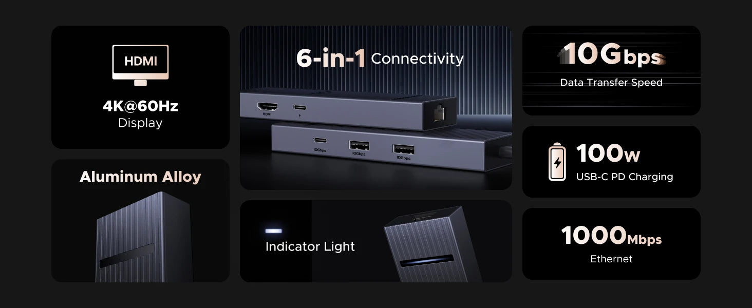 6-in-1 USB-C Hub with 4K 60Hz HDMI and 100W PD Charging - 8