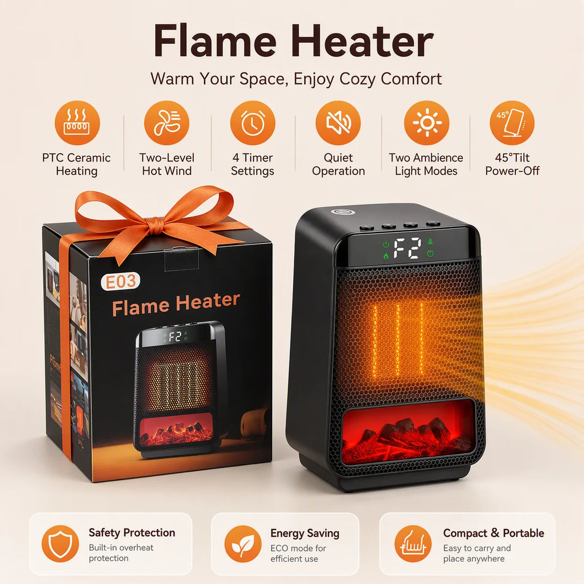 Portable PTC Ceramic Space Heater with Ambient Flame Light