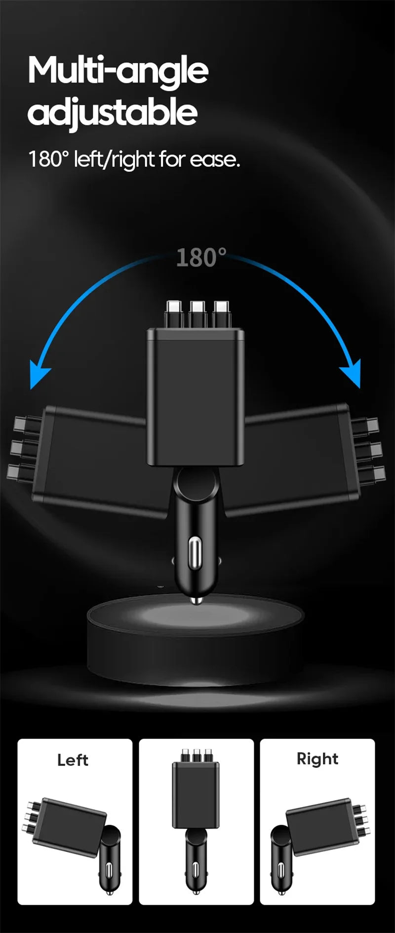 7-in-1 Fast Car Charger with Retractable Cables and Digital Voltmeter