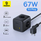 67W GaN Fast Charger Power Strip with 3 AC Outlets and USB Ports