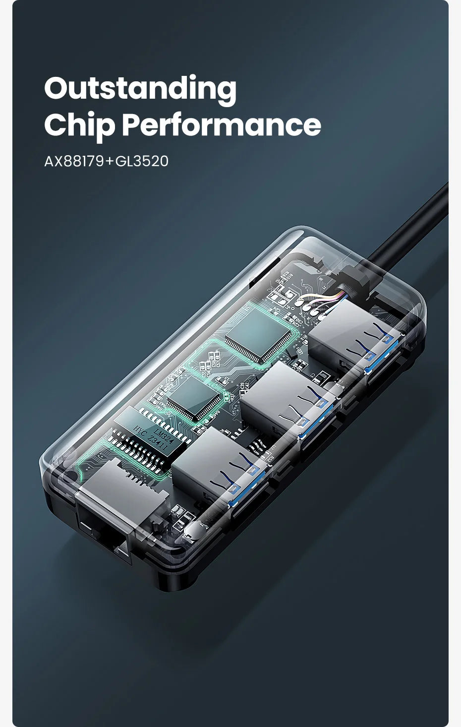 USB 3.0 to Gigabit Ethernet Adapter and 3-Port USB Hub - 14
