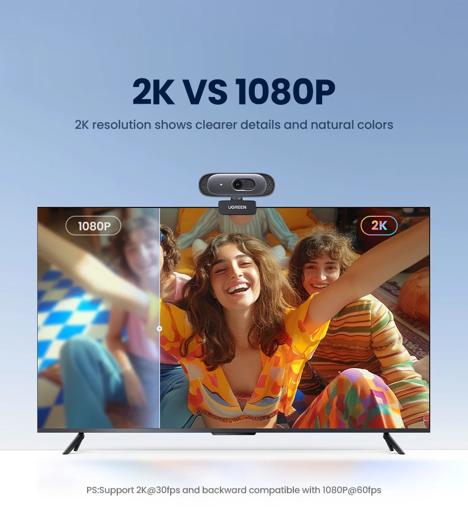2K Ultra HD USB Webcam with Dual Microphones for Video Calls