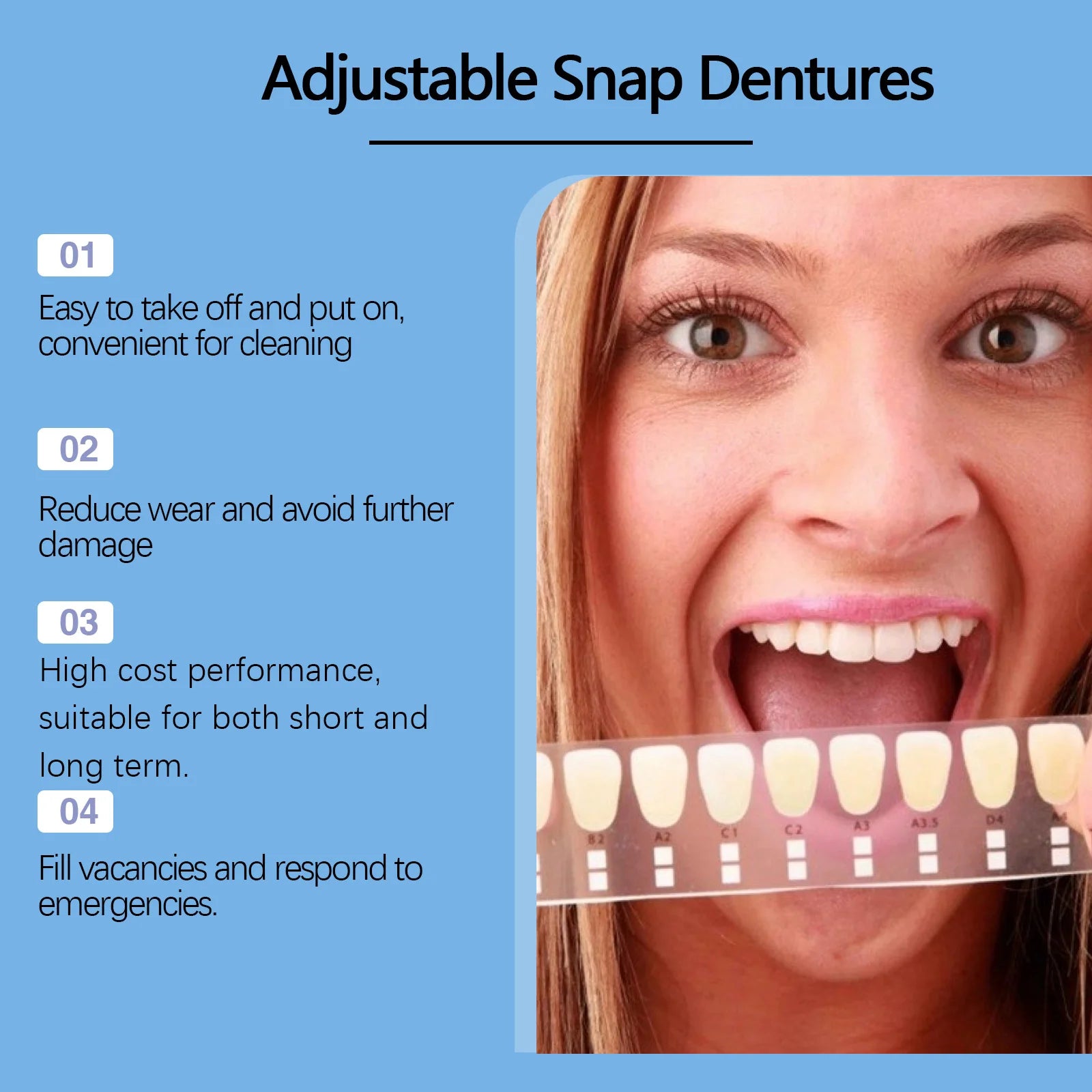 Adjustable Snap-On Dentures for Missing Teeth and Smile Correction - 4
