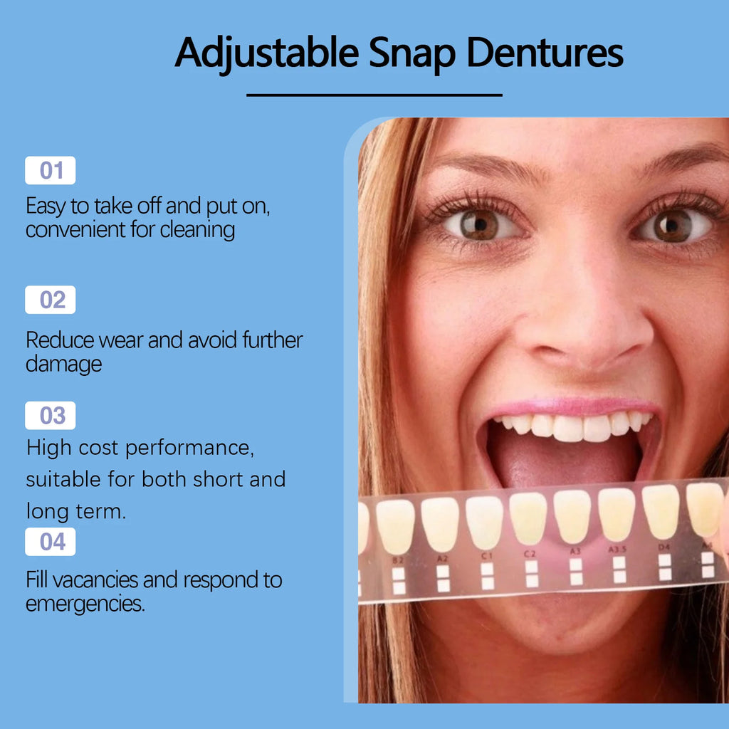 Adjustable Snap-On Dentures for Missing Teeth and Smile Correction