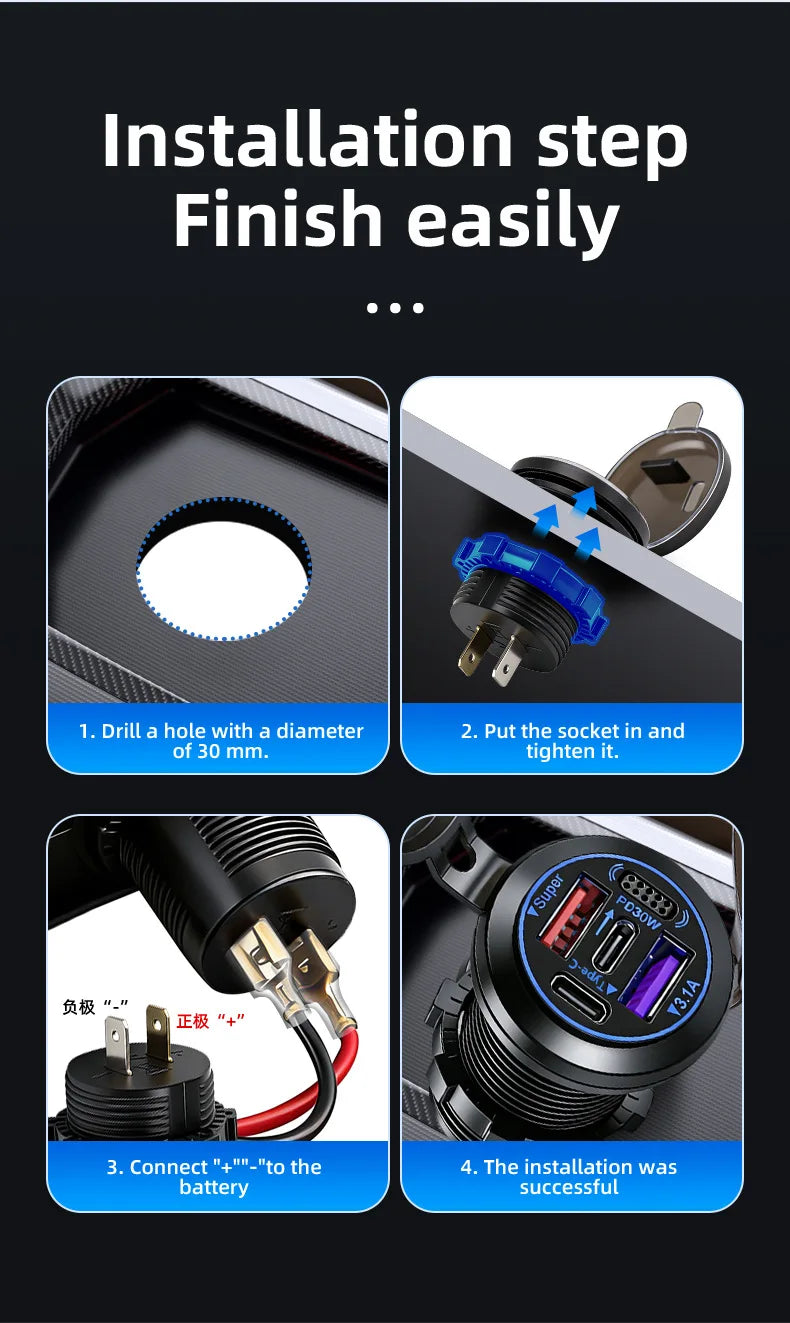 83W 4-Port Fast Charging Car Socket with Dual USB-C and Dual USB-A