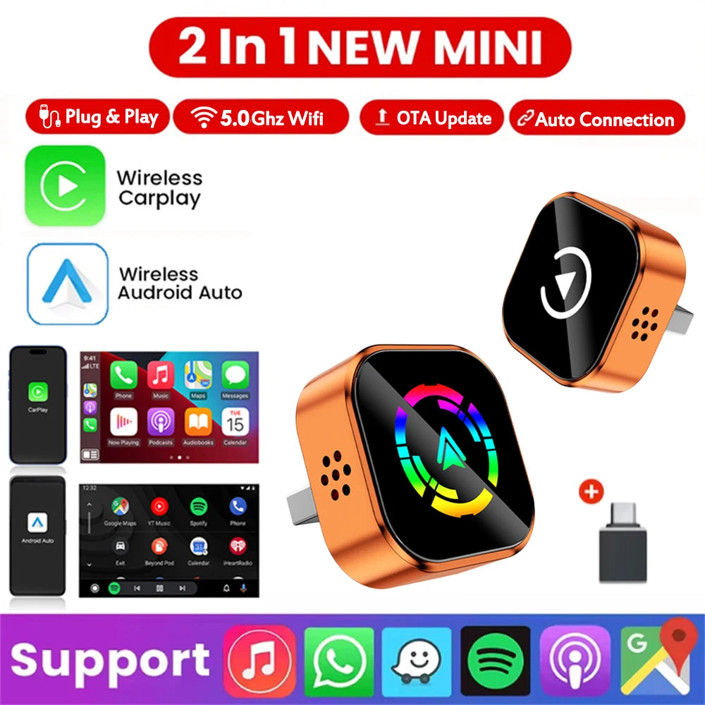 2 In 1 Wireless CarPlay and Android Auto Adapter Bluetooth 5.0 Dongle