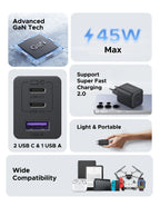 45W GaN Fast Wall Charger with 3 Ports for Smartphones and Tablets