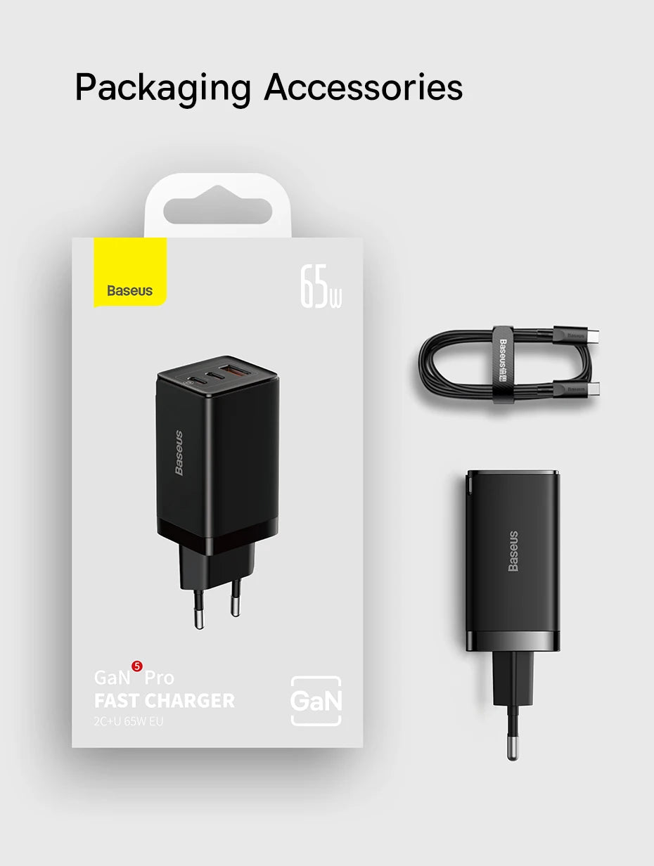65W GaN Fast Charger with Dual Type-C and USB Ports