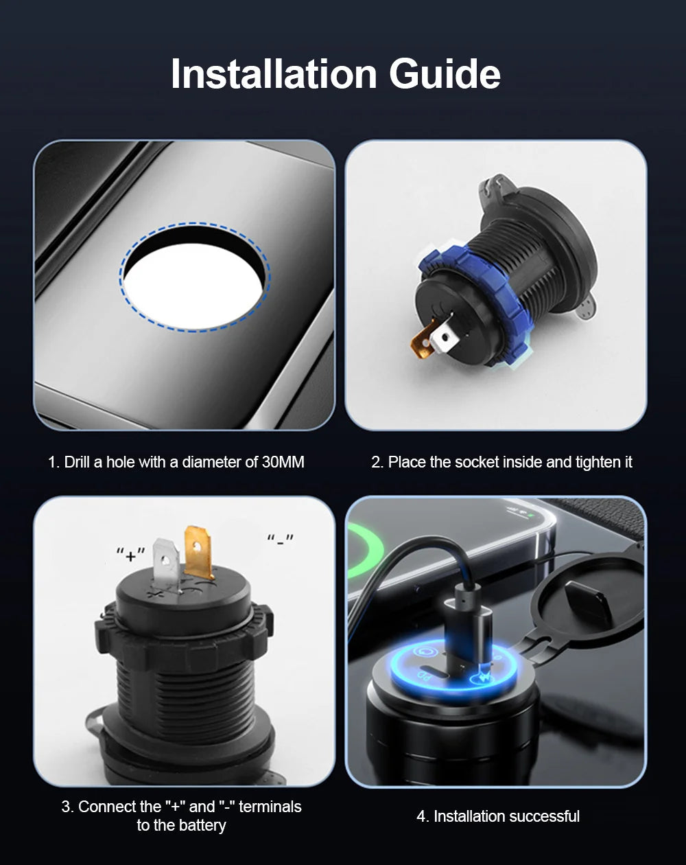 Dual USB Type C Quick Charger Socket PD30W QC3.0 for 12V 24V Vehicles