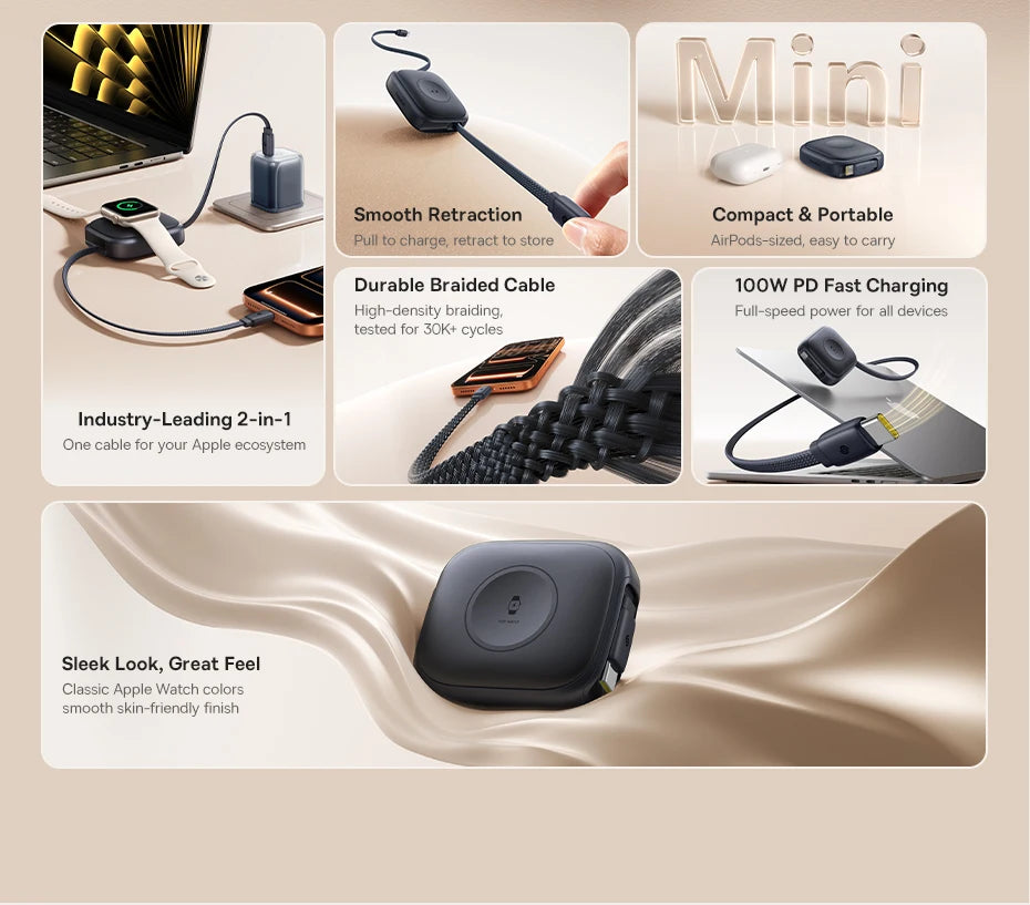 100W Retractable Fast Charging Cable with Watch Wireless Charger