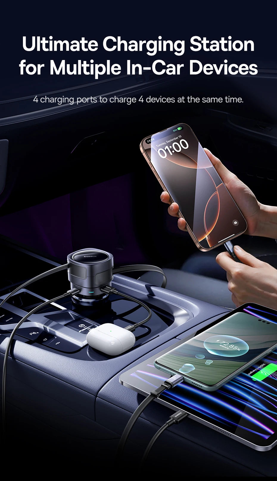 90W Fast Car Charger with Dual Retractable Cables
